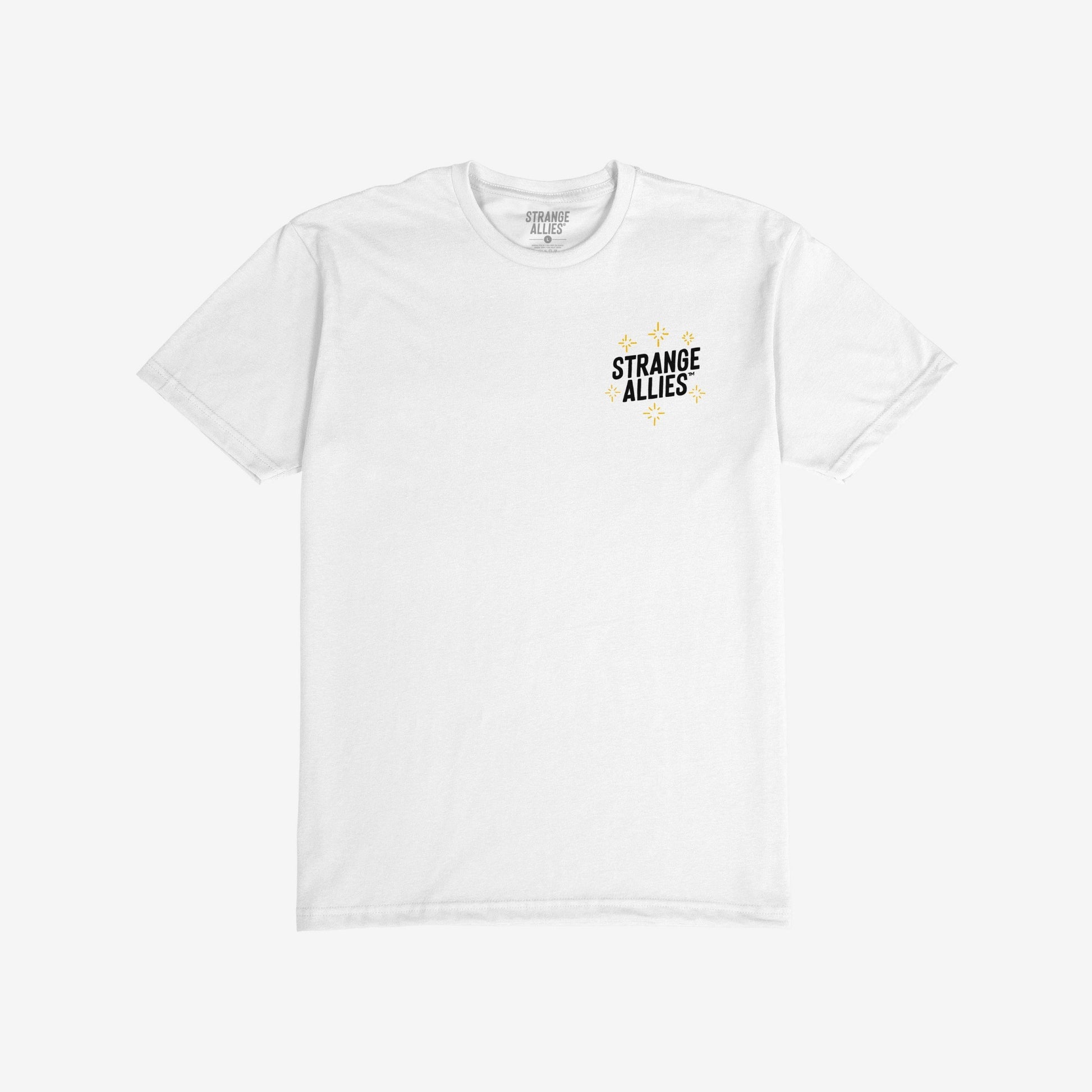 Social Club T-shirt featuring a small STRANGE ALLIES graphic with star-like sparkles on the chest and a playful skeleton design on the back, symbolizing camaraderie and shared understanding.