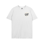 Social Club T-shirt featuring a small STRANGE ALLIES graphic with star-like sparkles on the chest and a playful skeleton desi