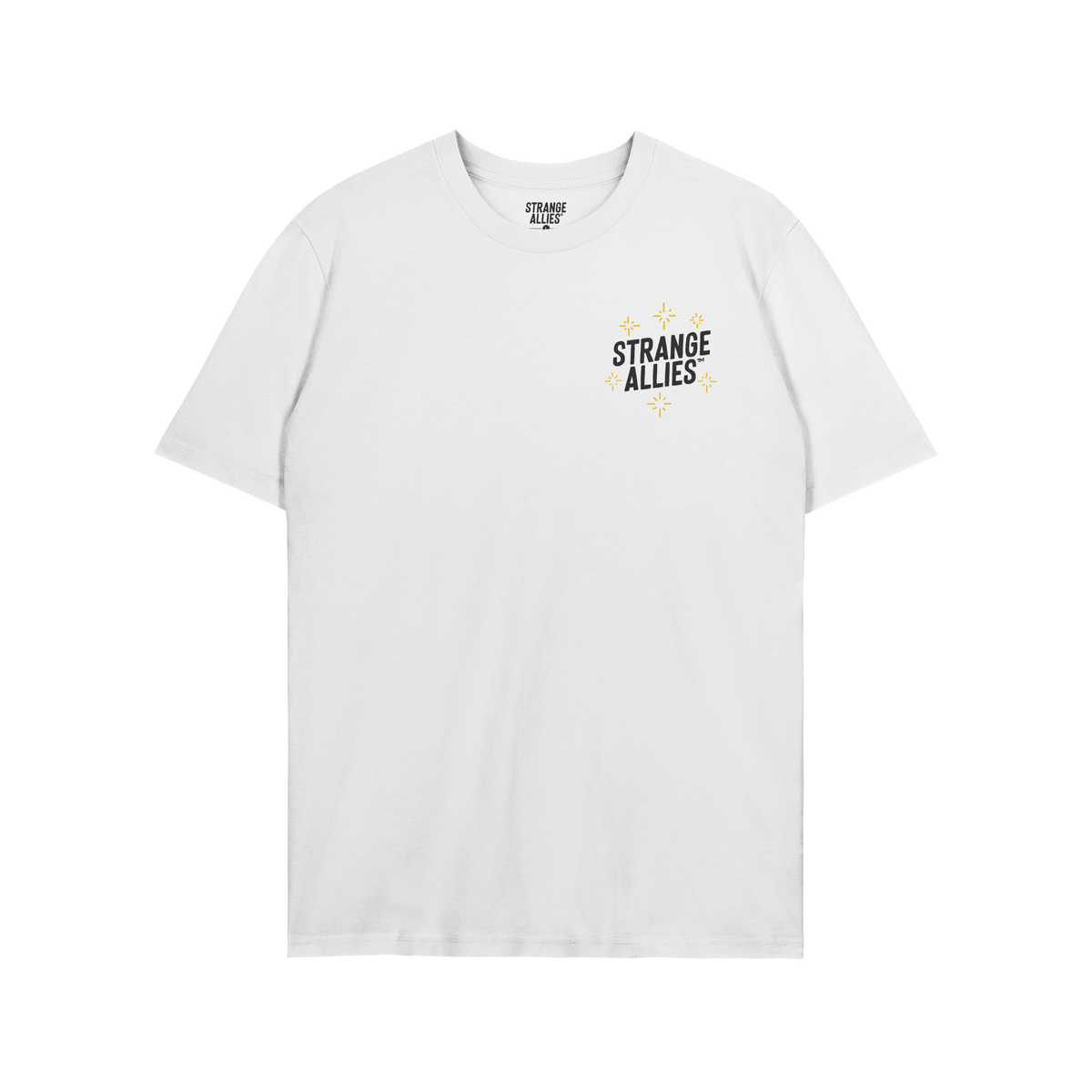 Social Club T-shirt featuring a small STRANGE ALLIES graphic with star-like sparkles on the chest and a playful skeleton desi