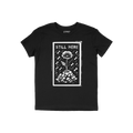 Still Here T-shirt features a bold white graphic of a flower emerging from rubble with bombs falling, symbolizing resilience 