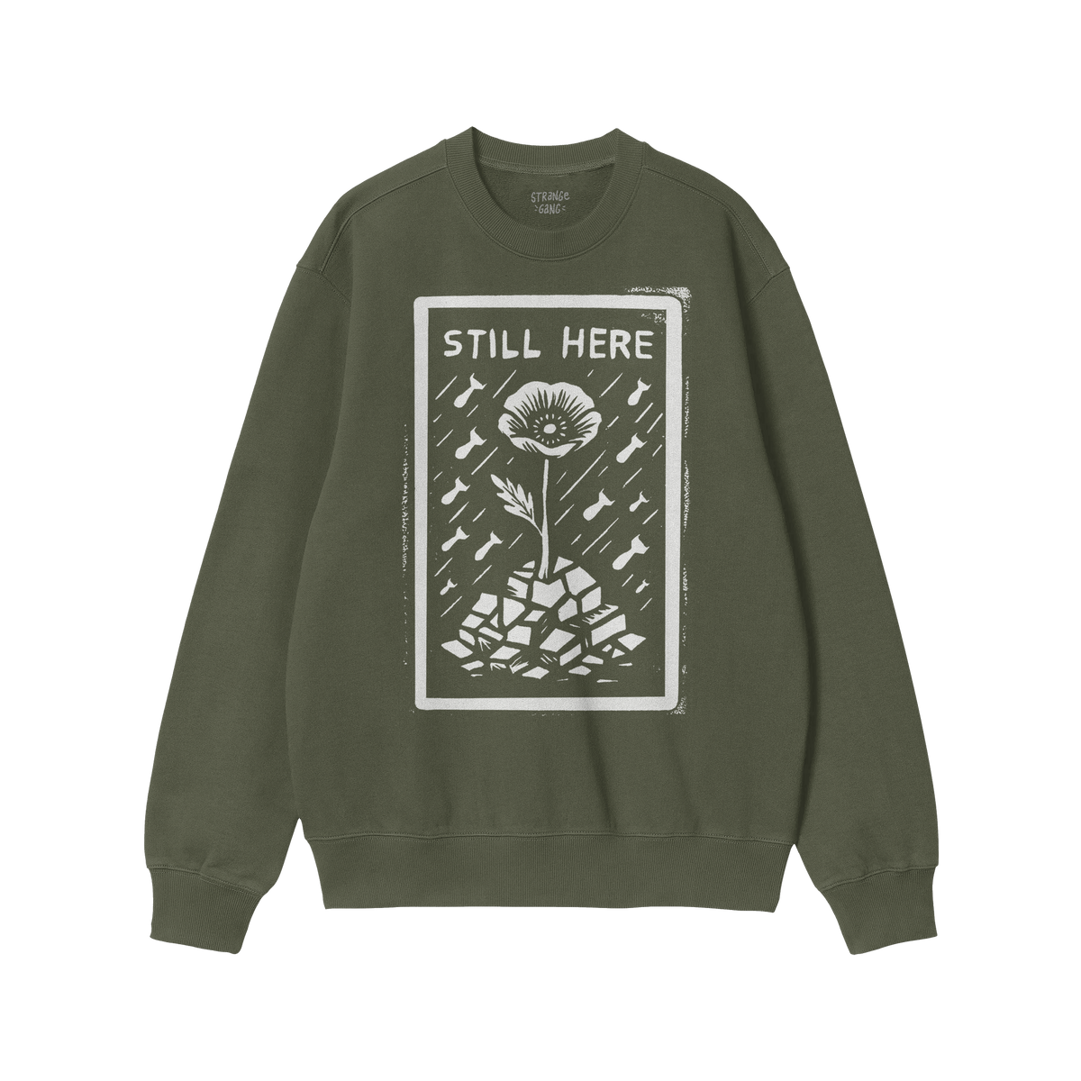 Still Here JULZ Hoodie & Sweatshirt features a linocut-style flower growing through rubble under raindrops with STILL HERE te