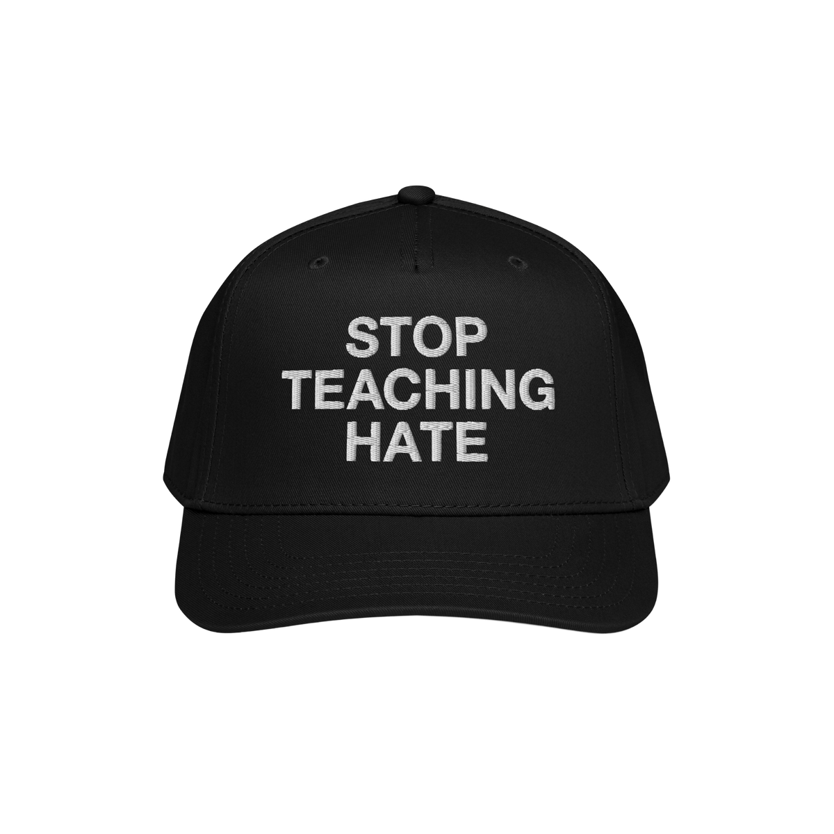 The Stop Teaching Hate Hat features bold white embroidery on a black cap, making a powerful statement against intolerance and