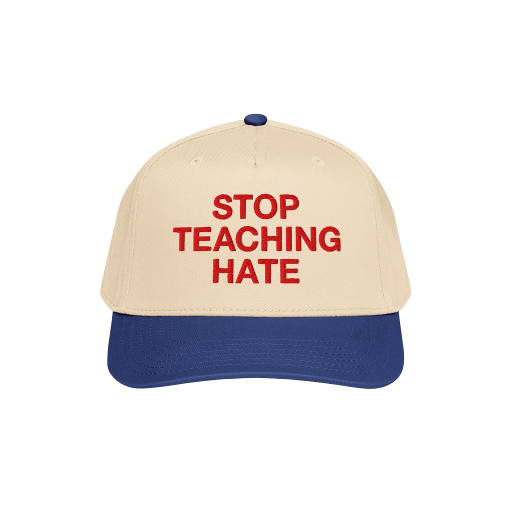 Stop Teaching Hate Hat with bold red embroidery on a two-tone baseball cap, symbolizing a strong stance against intolerance a