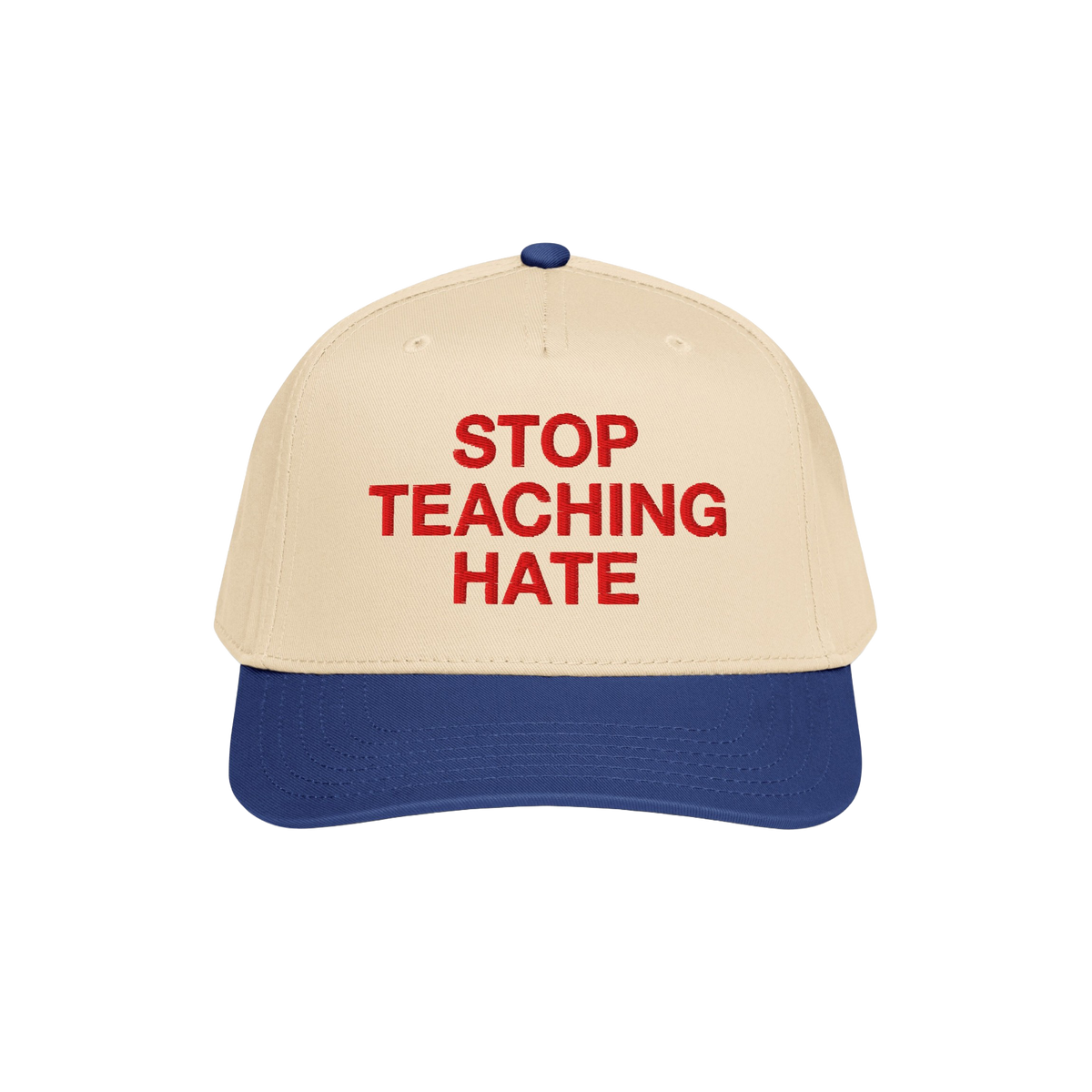 Stop Teaching Hate Hat with bold red embroidery on a two-tone baseball cap, symbolizing a strong stance against intolerance a