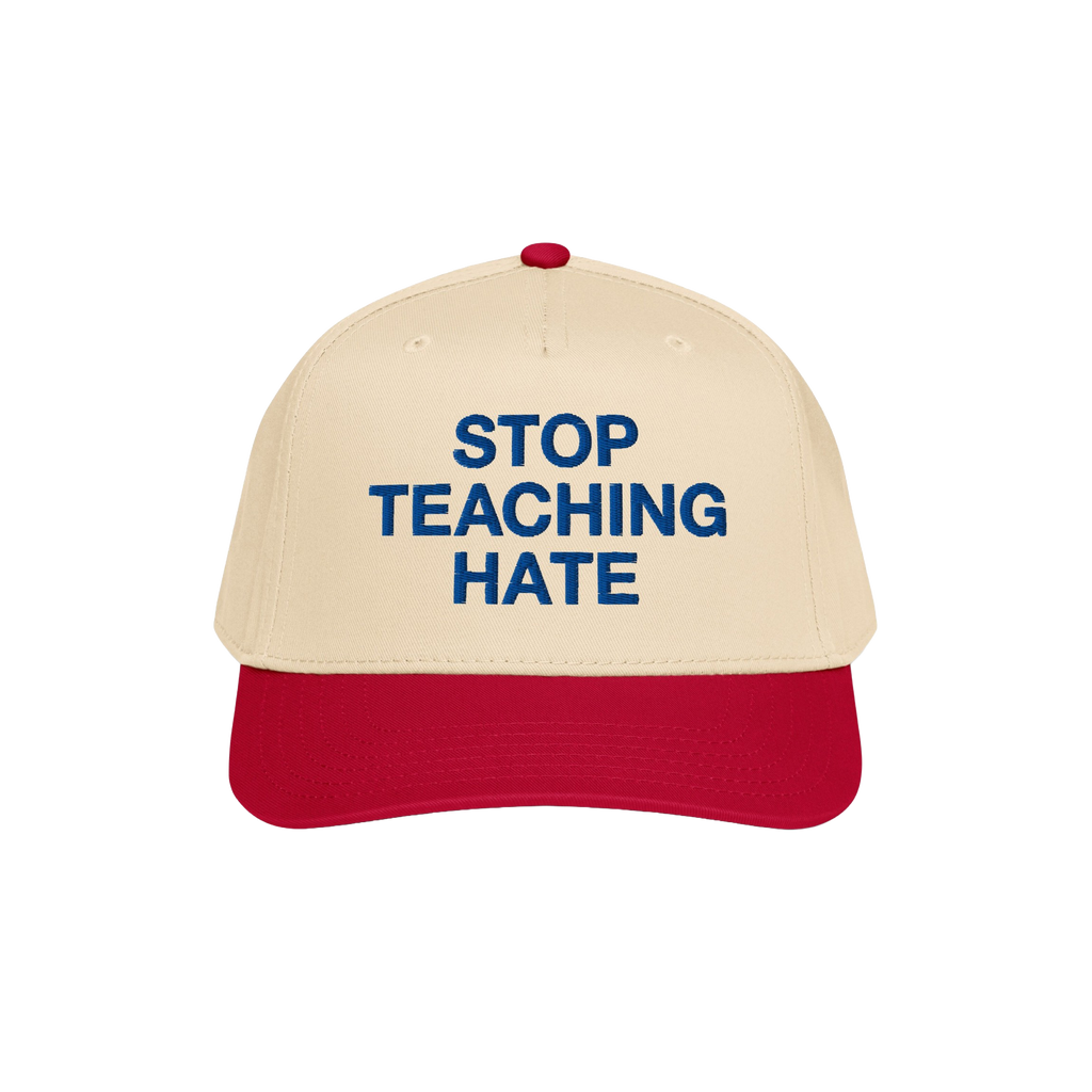 Stop Teaching Hate Hat with bold blue embroidery on a beige and red baseball cap, embodying a strong stance against bigotry, 