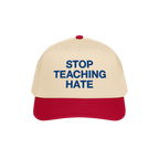 Stop Teaching Hate Hat with bold blue embroidery on a beige and red baseball cap, embodying a strong stance against bigotry, 