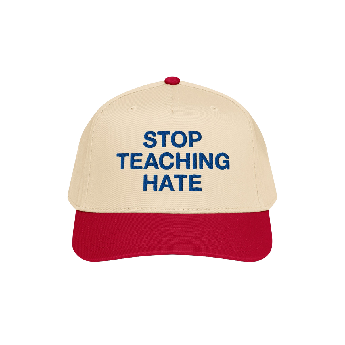Stop Teaching Hate Hat with bold blue embroidery on a beige and red baseball cap, embodying a strong stance against bigotry, 