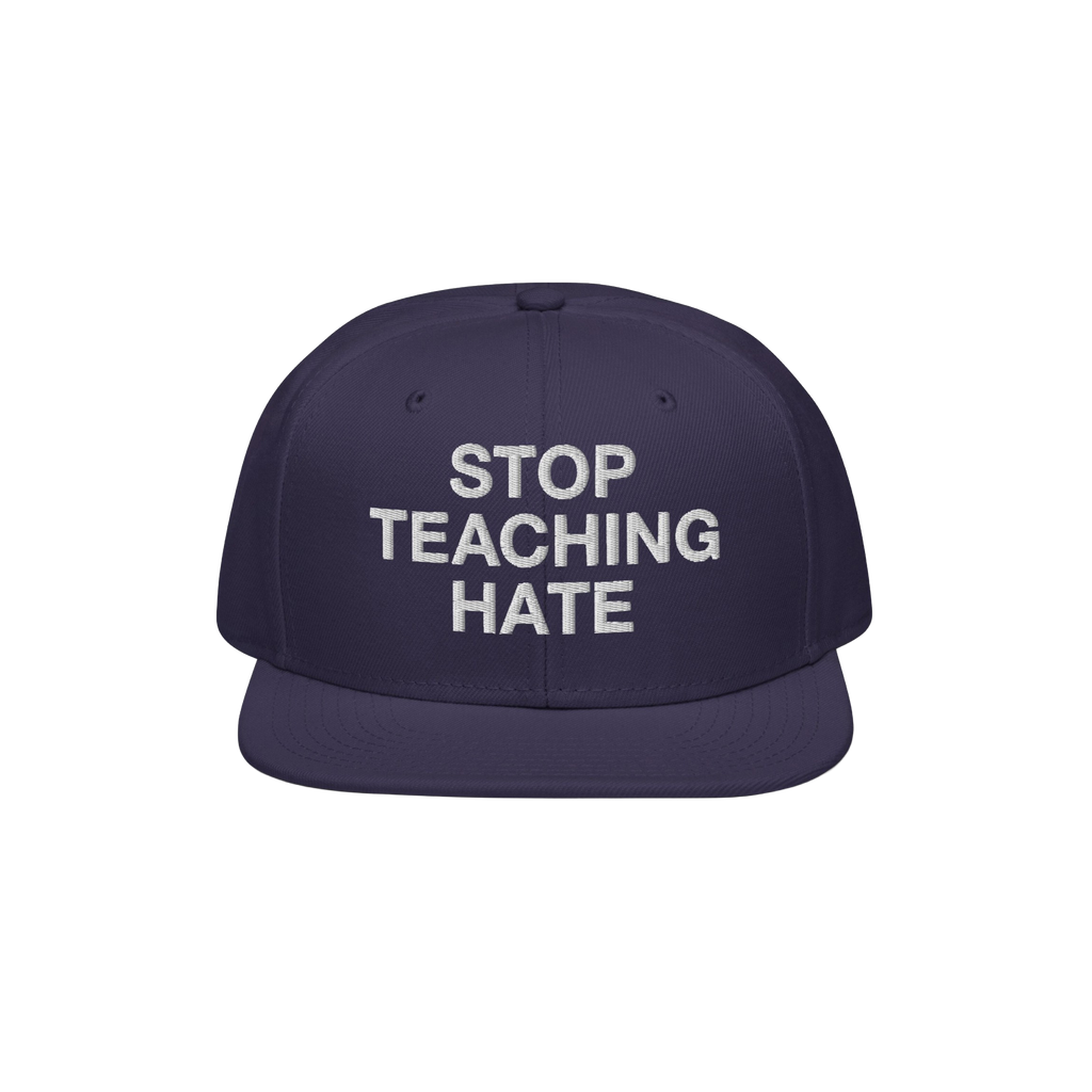 Dark navy-blue, flat-brimmed Stop Teaching Hate Hat with bold white embroidery, embodying a strong anti-hate message, perfect