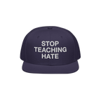 Dark navy-blue, flat-brimmed Stop Teaching Hate Hat with bold white embroidery, embodying a strong anti-hate message, perfect