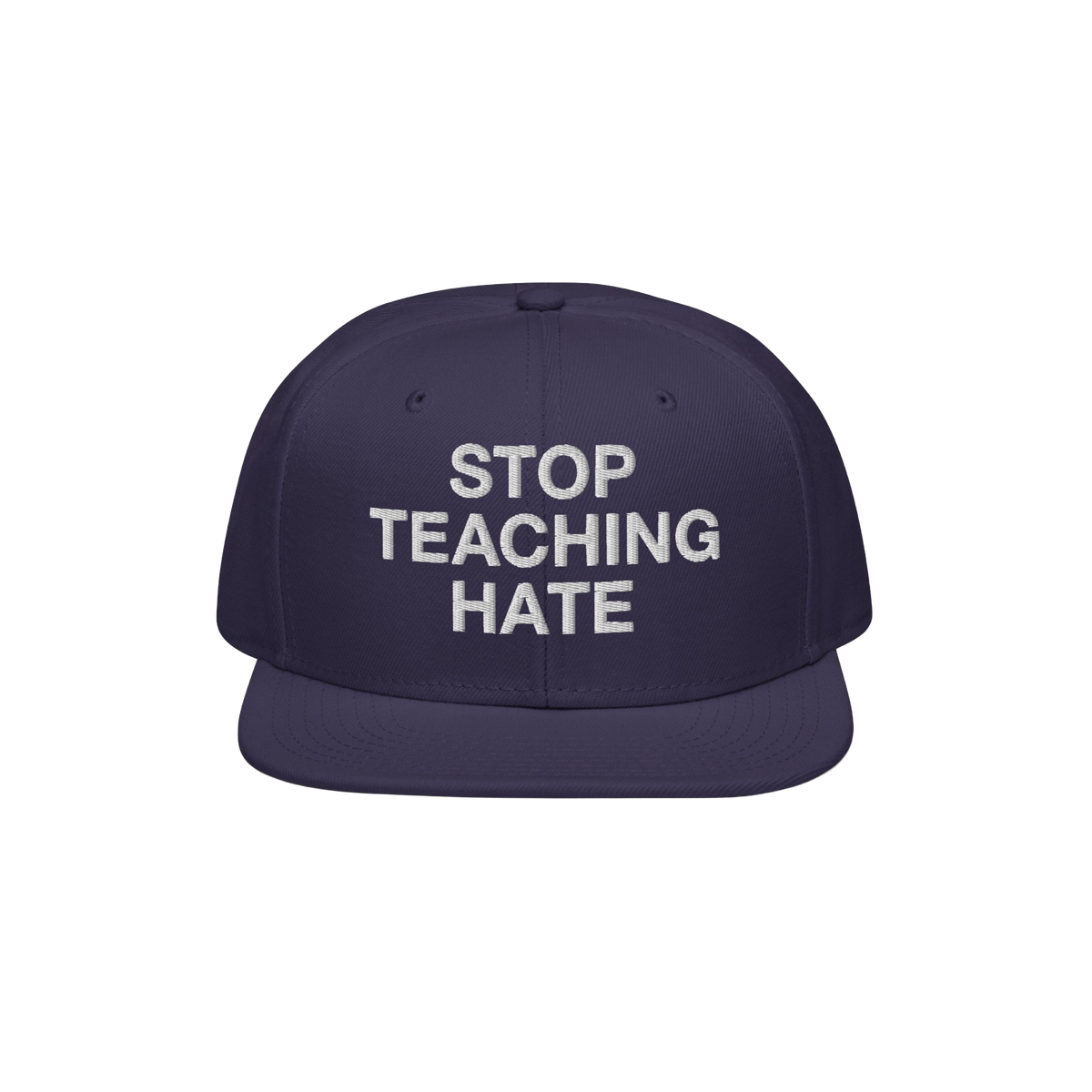 Dark navy-blue, flat-brimmed Stop Teaching Hate Hat with bold white embroidery, embodying a strong anti-hate message, perfect