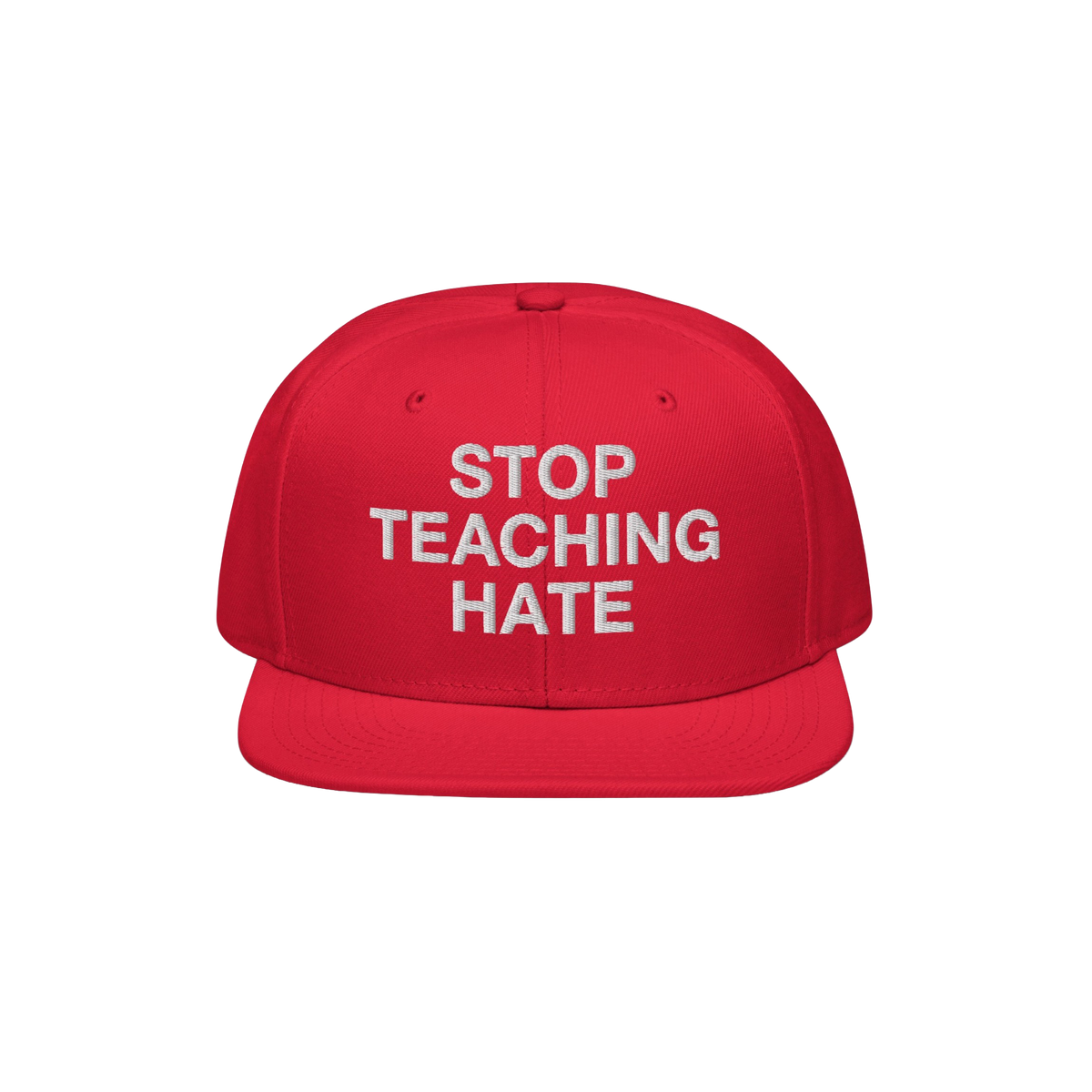 Red snap-back cap with STOP TEACHING HATE embroidered in white, embodying a bold stance against hate; designed for visibility