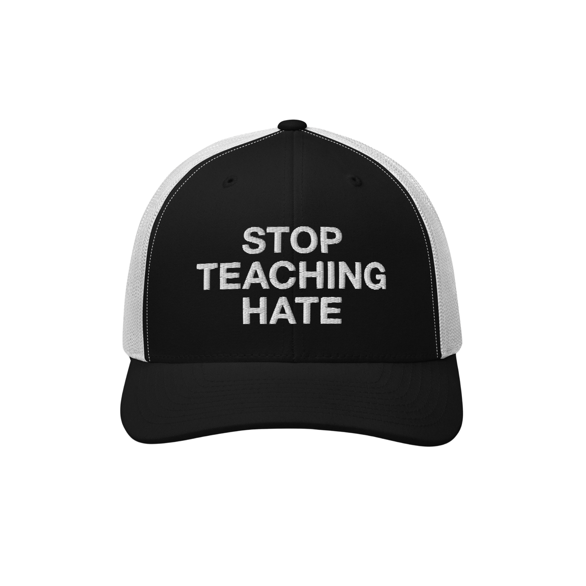 Black-and-white mesh-back baseball cap with STOP TEACHING HATE embroidered in white on the front panel, embodying a bold mess