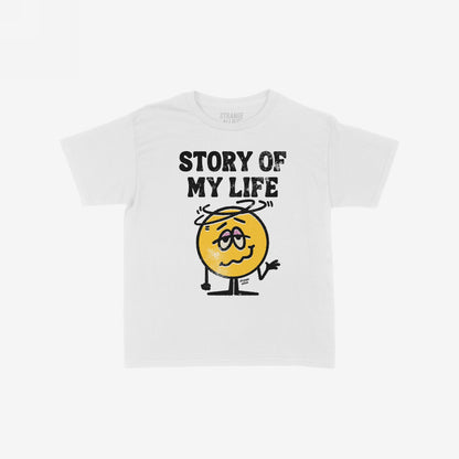 Story Of My Life Women's Baby Tee features bold, distressed lettering above a dizzy-eyed cartoon character, capturing a humorous take on life's mishaps, perfectly aligning with a message of resilience and equality.