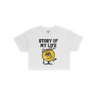 Story Of My Life Women's Baby Tee features bold, distressed lettering above a dizzy-eyed cartoon character, capturing a humor