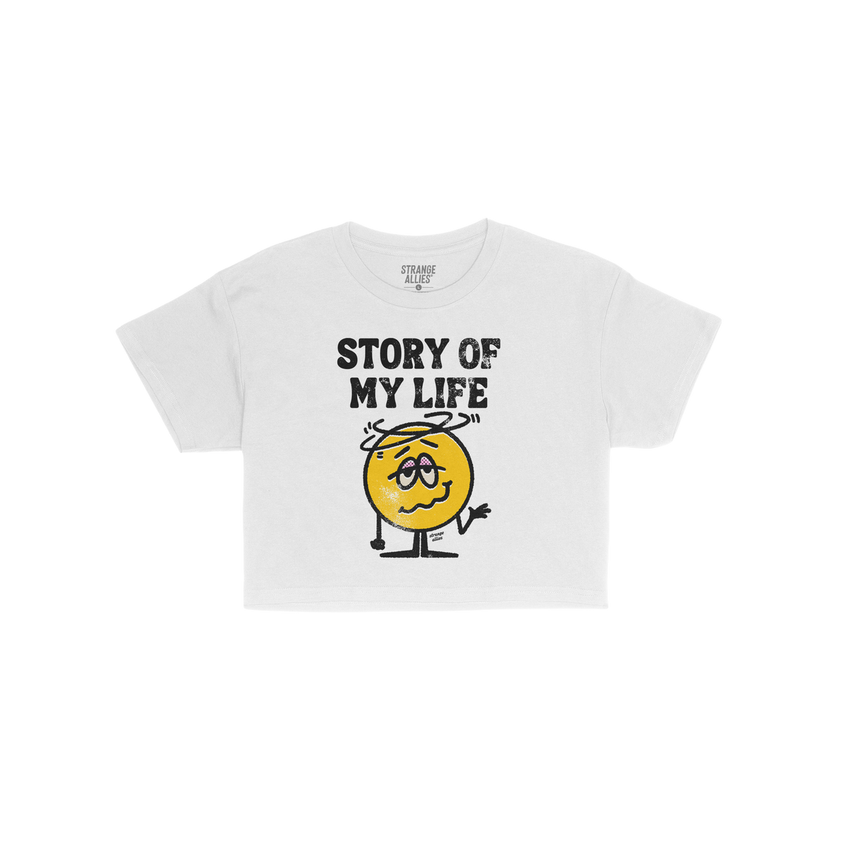 Story Of My Life Women's Baby Tee features bold, distressed lettering above a dizzy-eyed cartoon character, capturing a humor