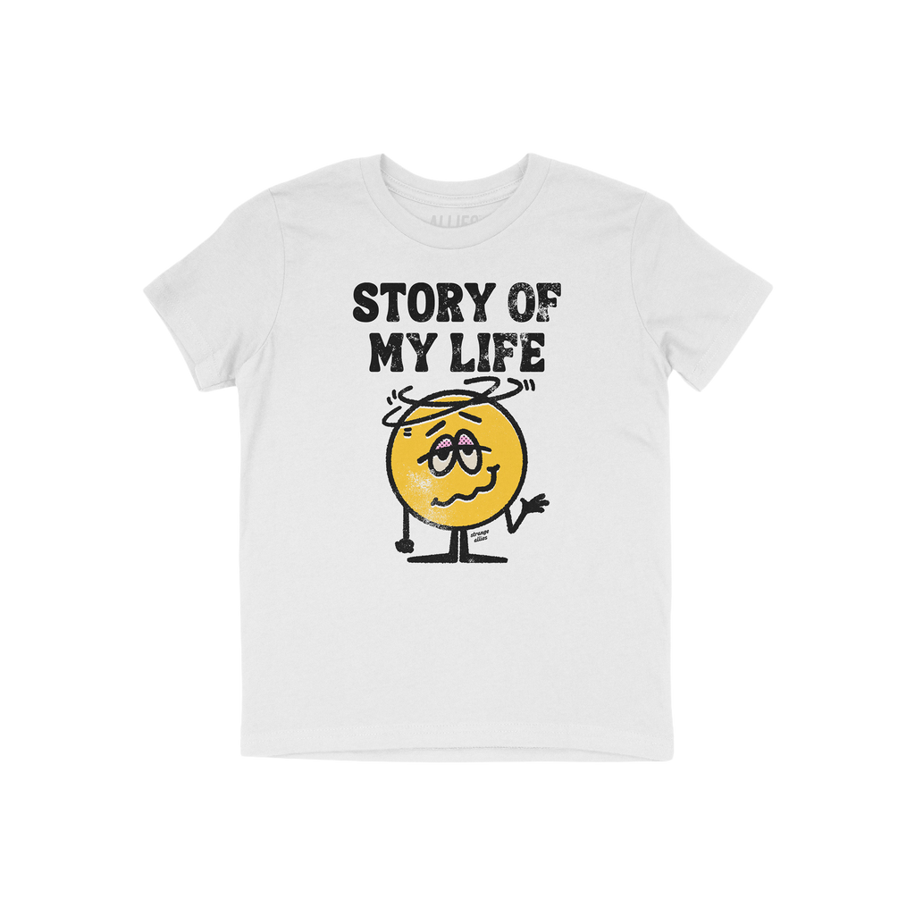 Story Of My Life Shirt with distressed lettering and a droopy-eyed smiley face, humorously capturing life's chaos and struggl