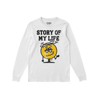 Story Of My Life Shirt features a distressed print with black lettering and a dazed yellow smiley, capturing life's chaos hum