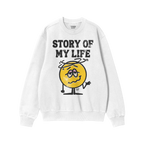 Story Of My Life Shirt features a worn block-letter design and a cartoonish, shrugging, dizzy yellow face, embodying life's c