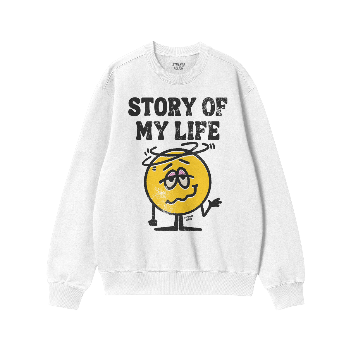 Story Of My Life Shirt features a worn block-letter design and a cartoonish, shrugging, dizzy yellow face, embodying life's c