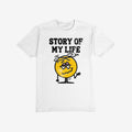 Story Of My Life Shirt featuring a dazed yellow smiley face with swirling lines and droopy eyes, paired with bold distressed lettering, embodying relatable chaos and humor while supporting mental health awareness.