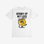 Story Of My Life Shirt featuring a dazed yellow smiley face with swirling lines and droopy eyes, paired with bold distressed lettering, embodying relatable chaos and humor while supporting mental health awareness.