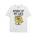Story Of My Life Shirt featuring a dazed yellow smiley face with swirling lines and droopy eyes, paired with bold distressed 