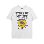 Story Of My Life Shirt featuring a dazed yellow smiley face with swirling lines and droopy eyes, paired with bold distressed 