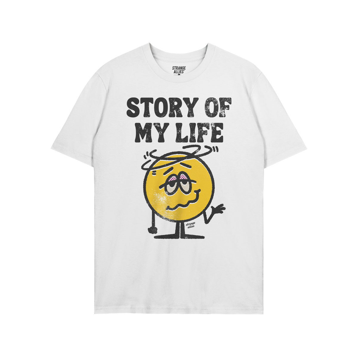 Story Of My Life Shirt featuring a dazed yellow smiley face with swirling lines and droopy eyes, paired with bold distressed 