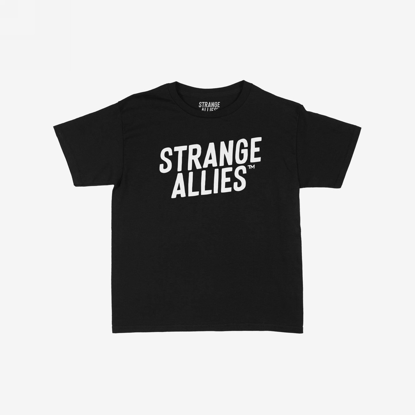 The Strange Allies Women's Baby Tee features bold white STRANGE ALLIES™ text on a black crew-neck design, celebrating individuality and unity. Perfect for those who stand out and speak up.