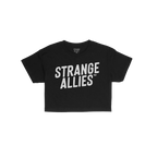 The Strange Allies Women's Baby Tee features bold white STRANGE ALLIES™ text on a black crew-neck design, celebrating indiv