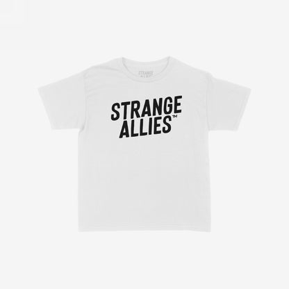 Strange Allies Women's Baby Tee features bold STRANGE ALLIES™ text on a white, fitted, cropped crew-neck, embodying defiance and unity. Perfect for those who stand out and speak up.