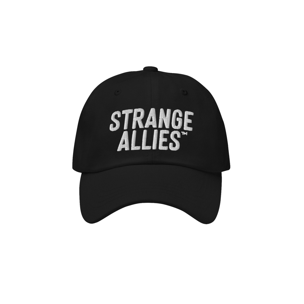 Black cap with STRANGE ALLIES™ embroidered in white on the front. This Strange Allies Hat symbolizes unity through diversit