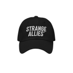 Black cap with STRANGE ALLIES™ embroidered in white on the front. This Strange Allies Hat symbolizes unity through diversit