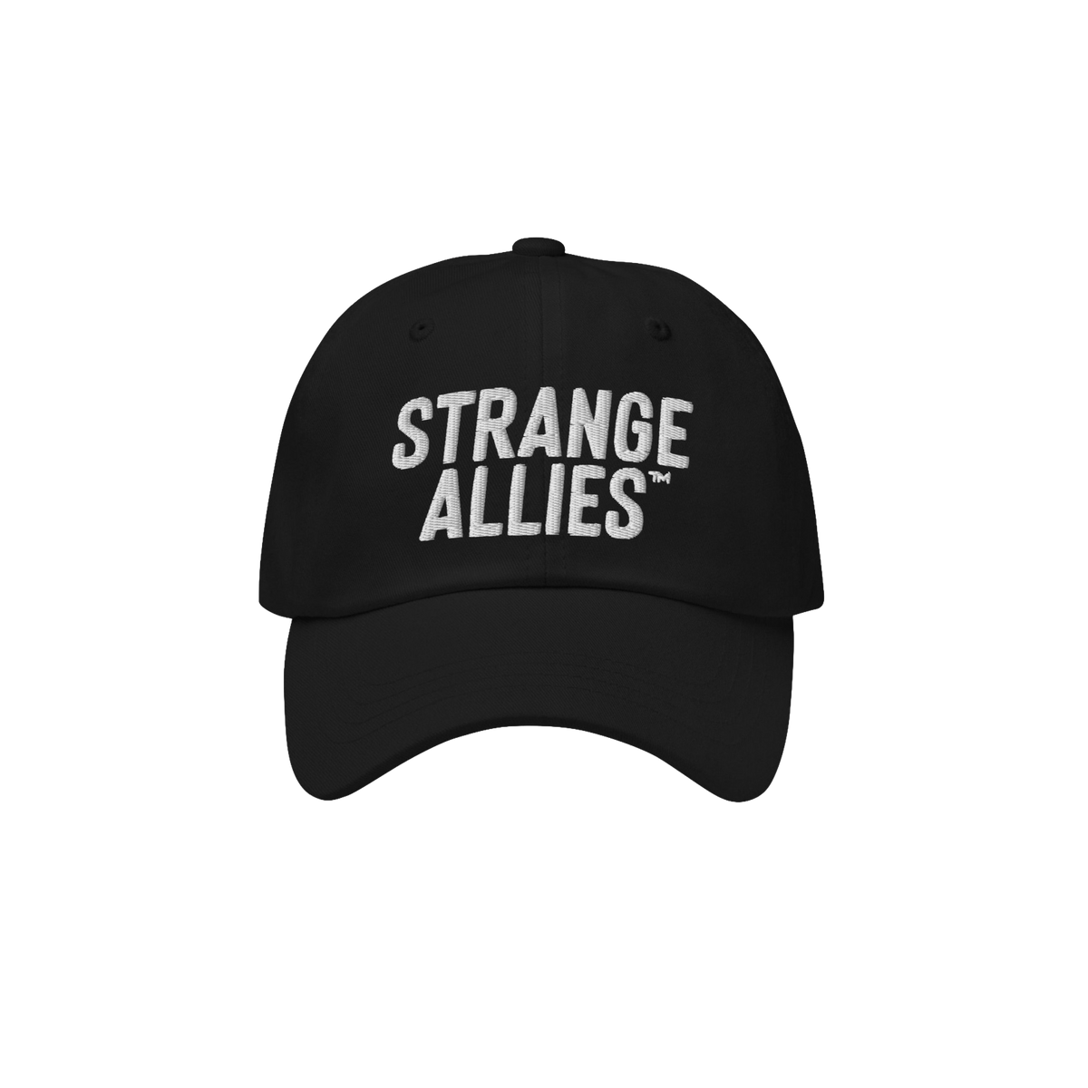 Black cap with STRANGE ALLIES™ embroidered in white on the front. This Strange Allies Hat symbolizes unity through diversit