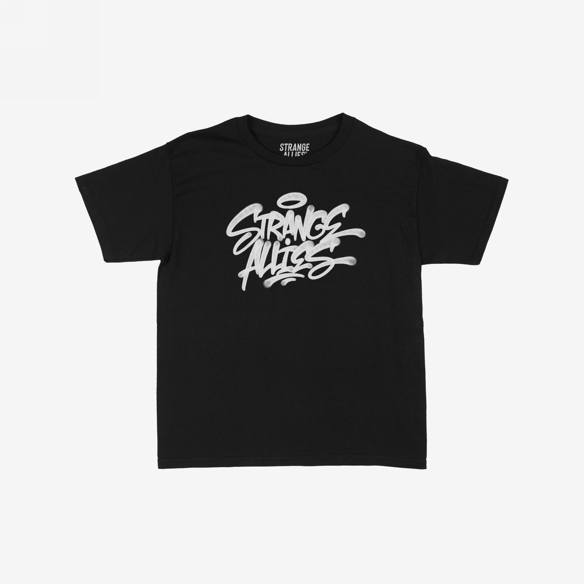 Strange Allies Handstyle Women's Baby Tee features bold white graffiti-style text on a black cropped tee, embodying active allyship and street-smart spirit for misfits and movement makers.