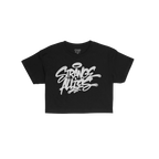 Strange Allies Handstyle Women's Baby Tee features bold white graffiti-style text on a black cropped tee, embodying active al