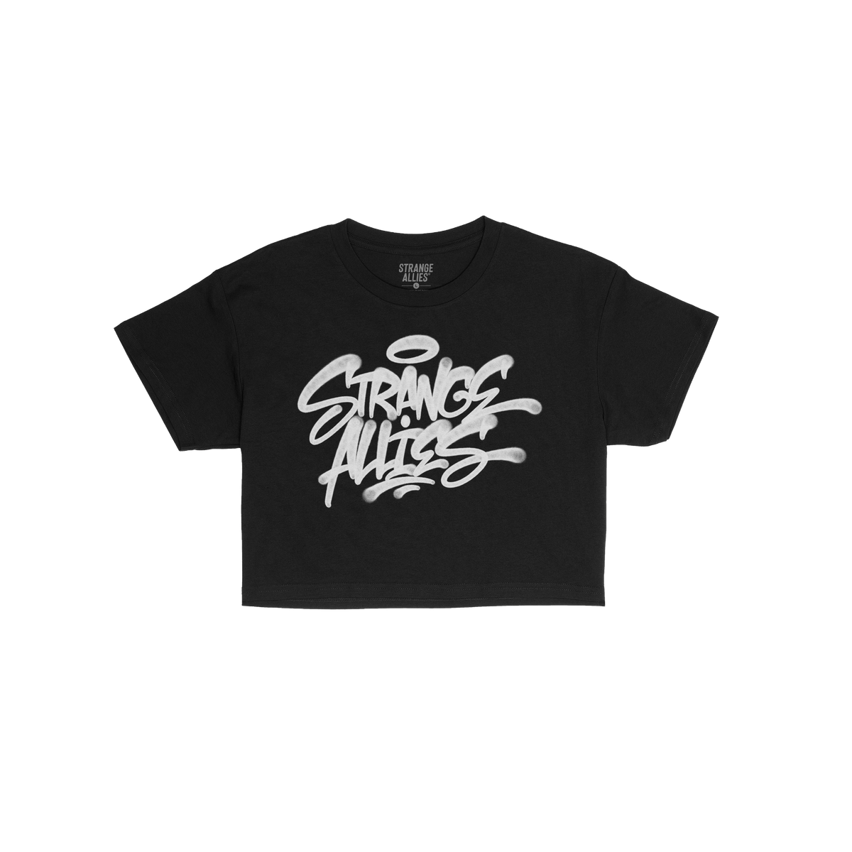 Strange Allies Handstyle Women's Baby Tee features bold white graffiti-style text on a black cropped tee, embodying active al