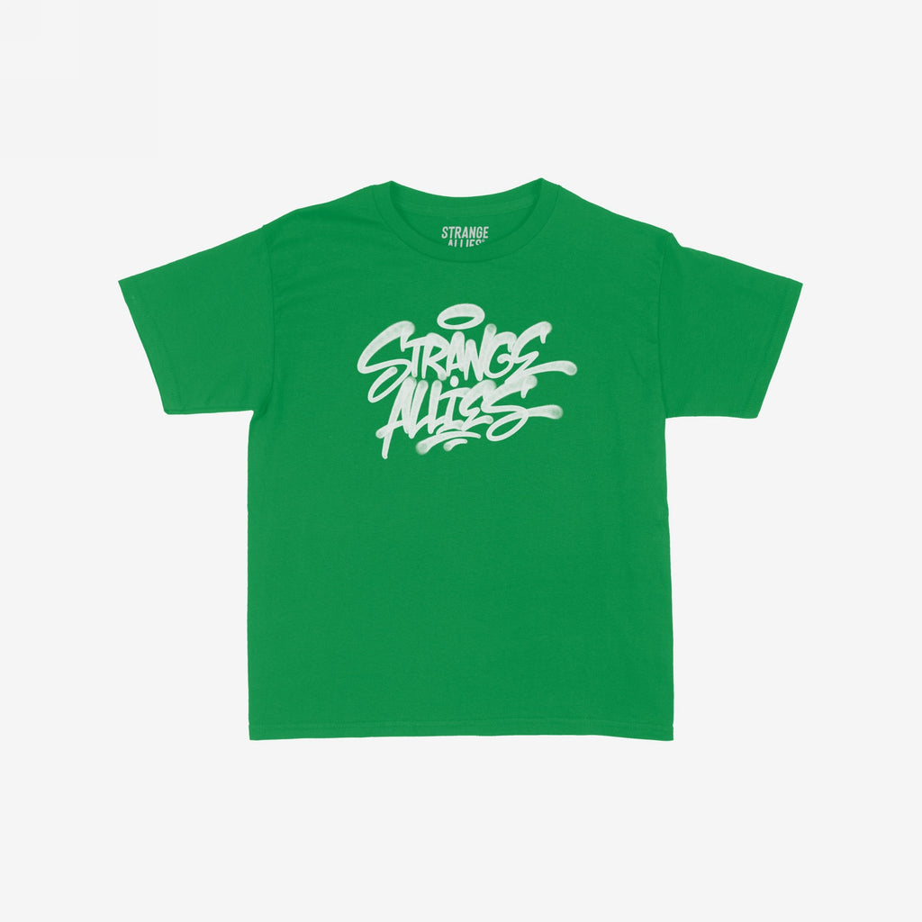 Strange Allies Handstyle Women's Baby Tee features bold graffiti-style lettering on a green, cropped Y2K short-sleeve shirt, embodying active allyship and rebellious spirit.