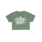 Strange Allies Handstyle Women's Baby Tee features bold graffiti-style lettering on a green, cropped Y2K short-sleeve shirt, 