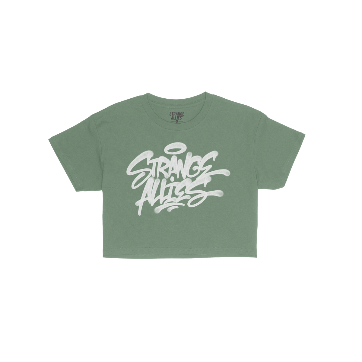 Strange Allies Handstyle Women's Baby Tee features bold graffiti-style lettering on a green, cropped Y2K short-sleeve shirt, 