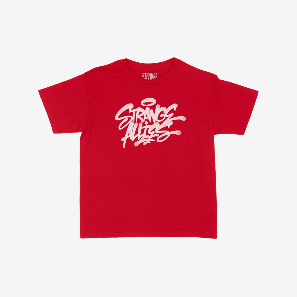 Strange Allies Handstyle Women's Baby Tee features a bold graffiti-style logo across the chest, capturing a rebellious spirit and activist essence, tailored for those embracing active allyship and street-smart style.