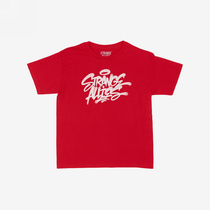 Strange Allies Handstyle Women's Baby Tee features a bold graffiti-style logo across the chest, capturing a rebellious spirit and activist essence, tailored for those embracing active allyship and street-smart style.