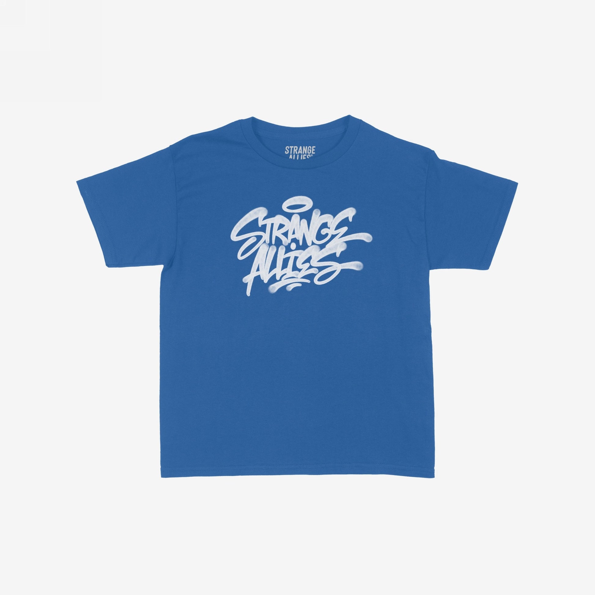 Strange Allies Handstyle Women's Baby Tee features a graffiti-style logo on a blue cropped tee, embodying active allyship and individuality for those who embrace street-smart, ungovernable expression.