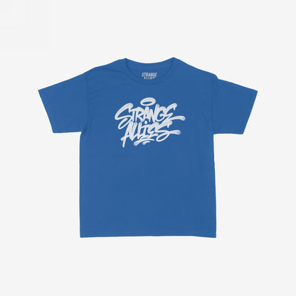 Strange Allies Handstyle Women's Baby Tee features a graffiti-style logo on a blue cropped tee, embodying active allyship and individuality for those who embrace street-smart, ungovernable expression.
