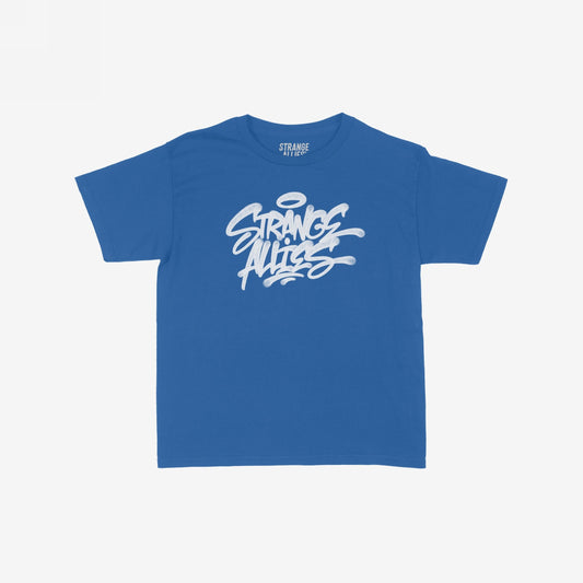 Strange Allies Handstyle Women's Baby Tee features a graffiti-style logo on a blue cropped tee, embodying active allyship and individuality for those who embrace street-smart, ungovernable expression.