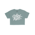 Strange Allies Handstyle Women's Baby Tee features a graffiti-style logo on a blue cropped tee, embodying active allyship and