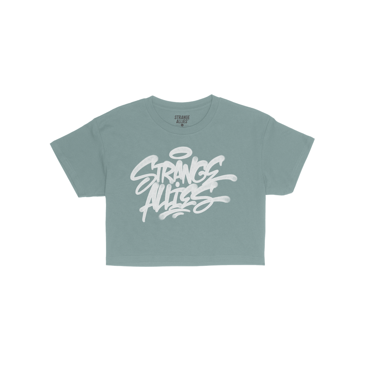 Strange Allies Handstyle Women's Baby Tee features a graffiti-style logo on a blue cropped tee, embodying active allyship and