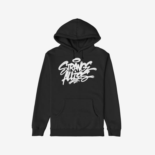 Strange Allies Handstyle Hoodie features a bold graffiti-style “STRANGE ALLIES” graphic with drips and halo, emphasizing unity and rebellion. The hoodie includes a front kangaroo pocket and drawstring hood.