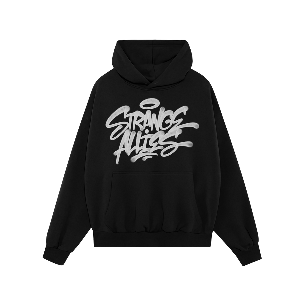 Strange Allies Handstyle Hoodie features a bold graffiti-style “STRANGE ALLIES” graphic with drips and halo, emphasizing 
