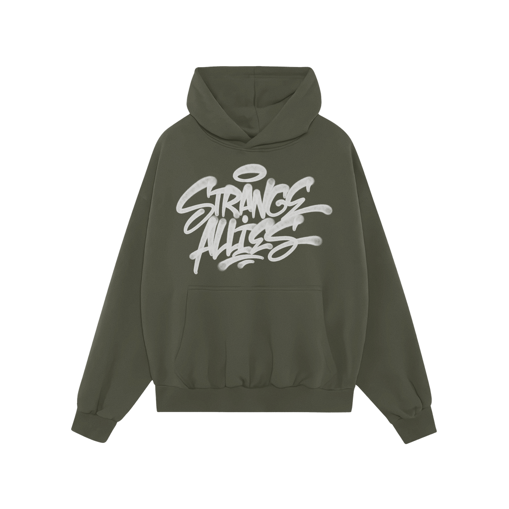 Strange Allies Handstyle Hoodie with graffiti-style Strange Allies lettering, featuring drips and halo. Includes a kangaroo p
